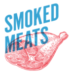 Smoked meats imagery with words SMOKED MEATS above it in blue